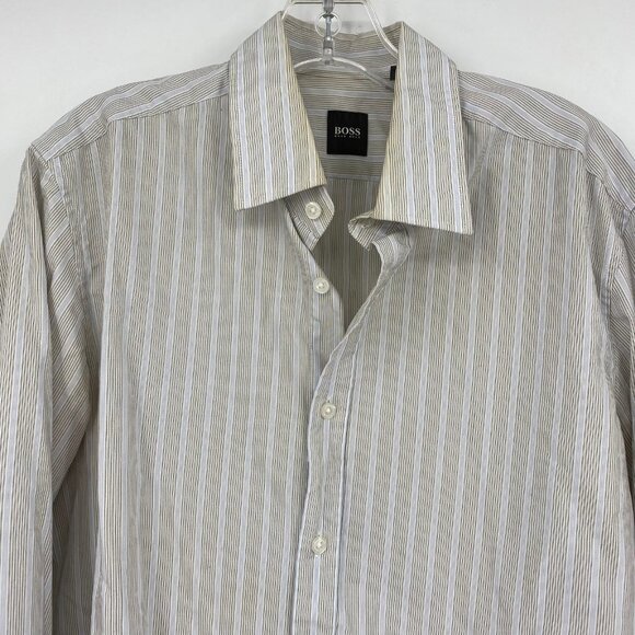 Boss Blue & Beige Striped Button-Up Shirt | V-Neck, Long Sleeve - Picture 4 of 6